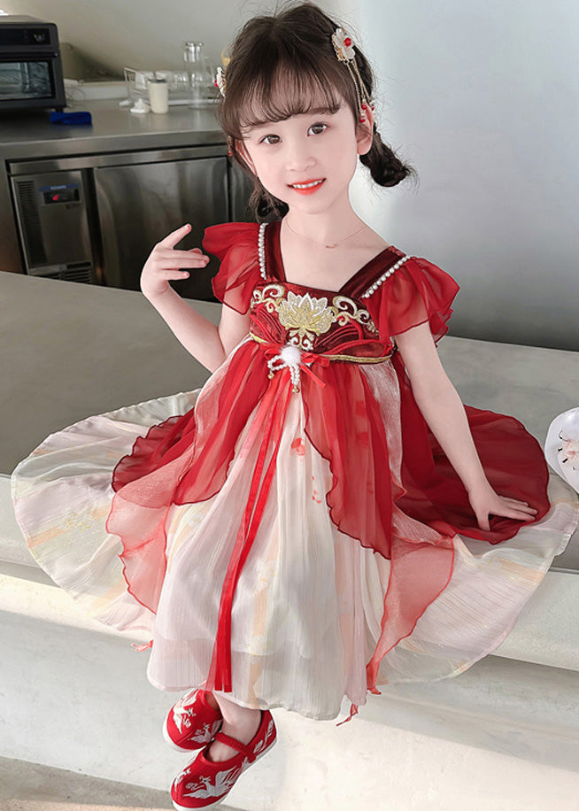 Stylish Red Square Collar Nail Bead Patchwork Chiffon Kids Long Dress Short Sleeve