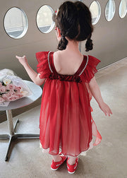 Stylish Red Square Collar Nail Bead Patchwork Chiffon Kids Long Dress Short Sleeve