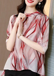 Stylish Red Stand Collar Print Patchwork Chiffon Blouse Top Summer