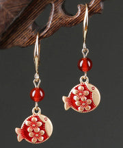 Stylish Red Sterling Silver Agate Jade Cloisonne Drop Fish Earrings