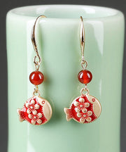 Stylish Red Sterling Silver Agate Jade Cloisonne Drop Fish Earrings