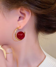 Stylish Red Sterling Silver Alloy Pearl Hoop Earrings