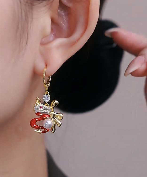 Stylish Red Sterling Silver Alloy Zircon Pearl Dragon Year Lucky Character Drop Earrings