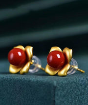 Stylish Red Sterling Silver Overgild Inlaid Agate Stud Earrings