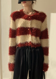 Stylish Red Striped Fluffy Button Knit Cardigans Spring