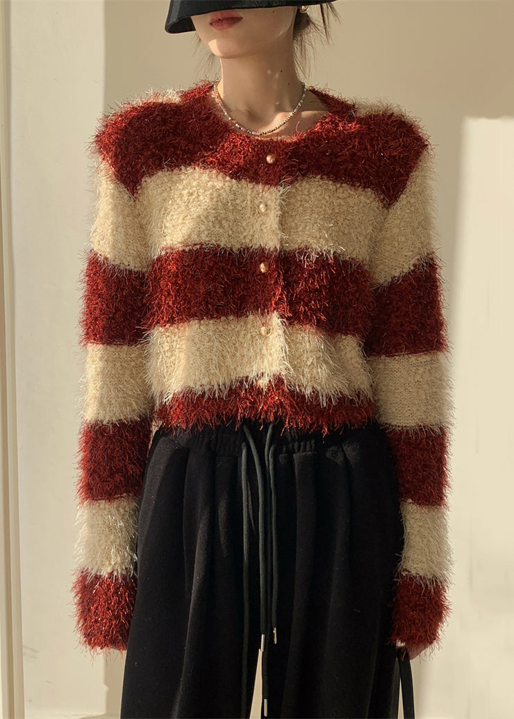 Stylish Red Striped Fluffy Button Knit Cardigans Winter