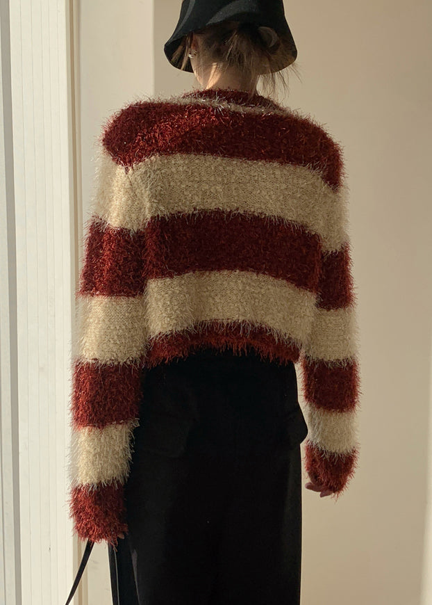 Stylish Red Striped Fluffy Button Knit Cardigans Spring