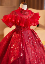 Stylish Red Turtleneck Embroideried Tulle Kids Maxi Dress Short Sleeve