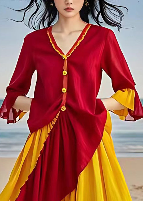 Stylish Red V Neck Asymmetrical Patchwork Cotton Dresses Flare Sleeve