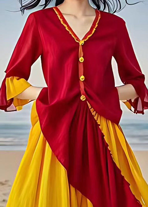 Stylish Red V Neck Asymmetrical Patchwork Cotton Dresses Flare Sleeve