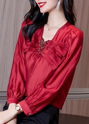 Stylish Red V Neck Bow Zircon Chiffon Shirts Spring