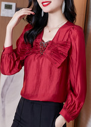 Stylish Red V Neck Bow Zircon Chiffon Shirts Spring