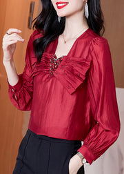 Stylish Red V Neck Bow Zircon Chiffon Shirts Spring