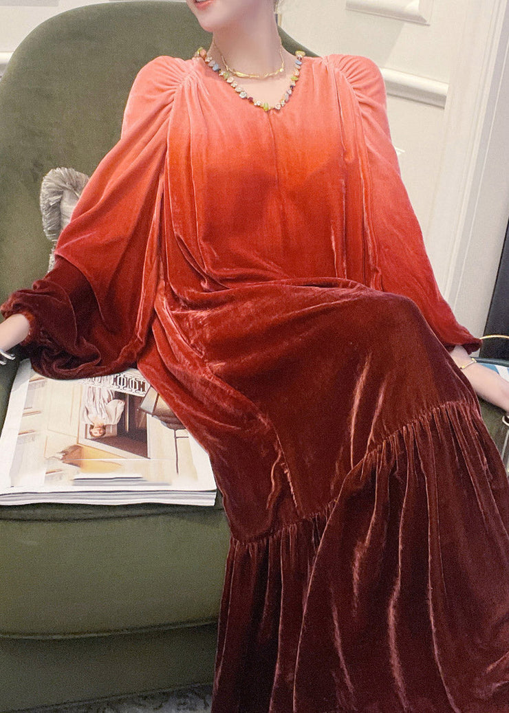 Stylish Red V Neck Gradient Color Wrinkled Velour Long Dress Lantern Sleeve