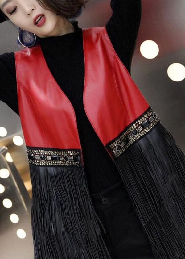 Stylish Red V Neck Patchwork Tassel Sheepskin Long Vest Sleeveless