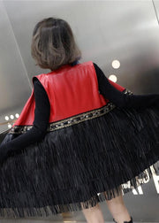 Stylish Red V Neck Patchwork Tassel Sheepskin Long Vest Sleeveless