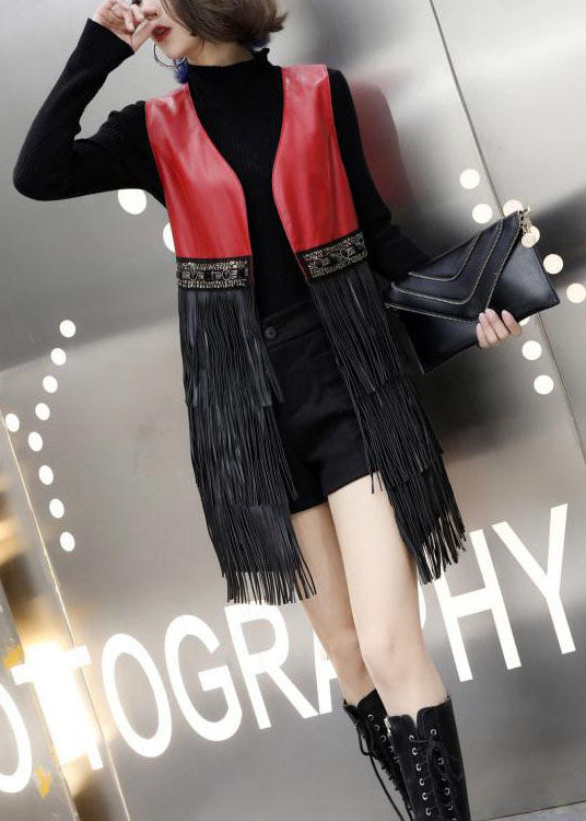 Stylish Red V Neck Patchwork Tassel Sheepskin Long Vest Sleeveless