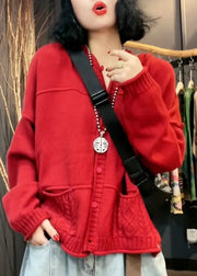 Stylish Red V Neck Pockets Patchwork Knit Cardigan Fall