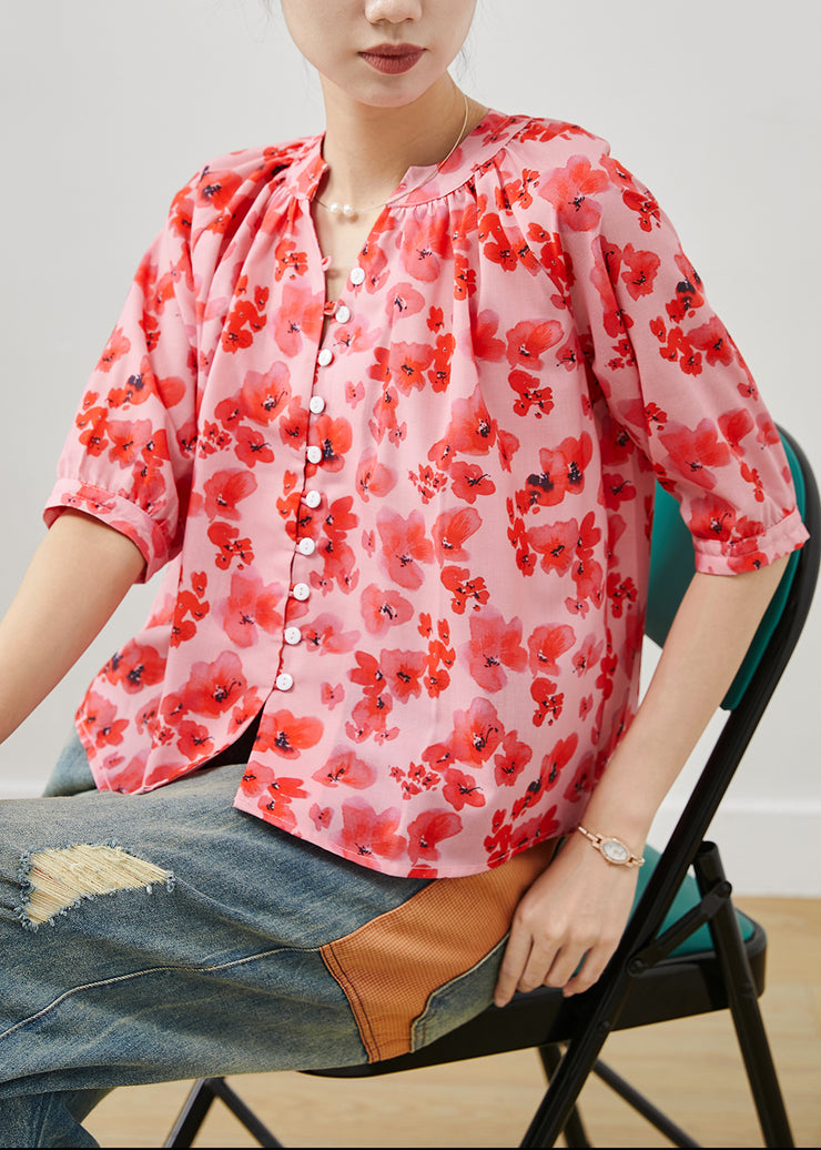 Stylish Red V Neck Print Cotton Shirt Summer