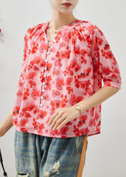 Stylish Red V Neck Print Cotton Shirt Summer