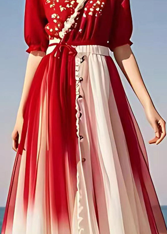 Stylish Red V Neck Print Tie Waist Chiffon Maxi Dresses Summer