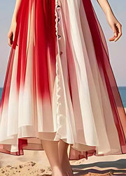 Stylish Red V Neck Print Tie Waist Chiffon Maxi Dresses Summer