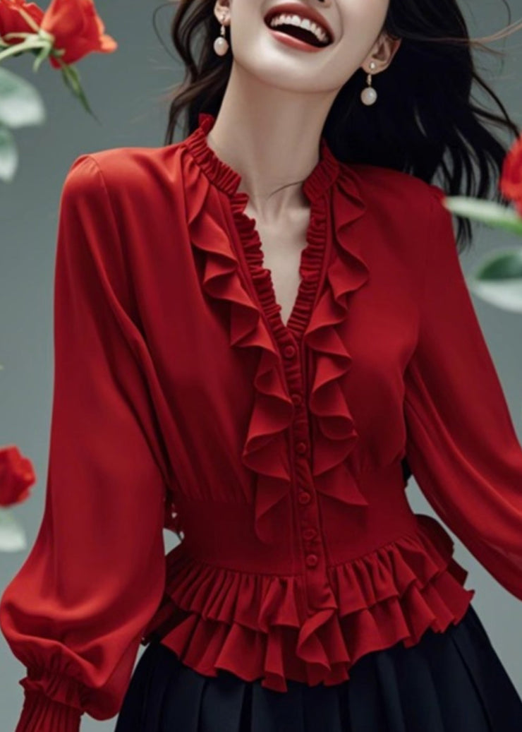 Stylish Red V Neck Ruffled Button Cotton Blouses Spring