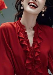 Stylish Red V Neck Ruffled Button Cotton Blouses Spring