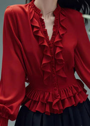 Stylish Red V Neck Ruffled Button Cotton Blouses Spring