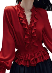 Stylish Red V Neck Ruffled Button Cotton Blouses Spring