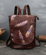 Stylish Reddish Brown Feather Embossing Calf Leather Backpack Bag