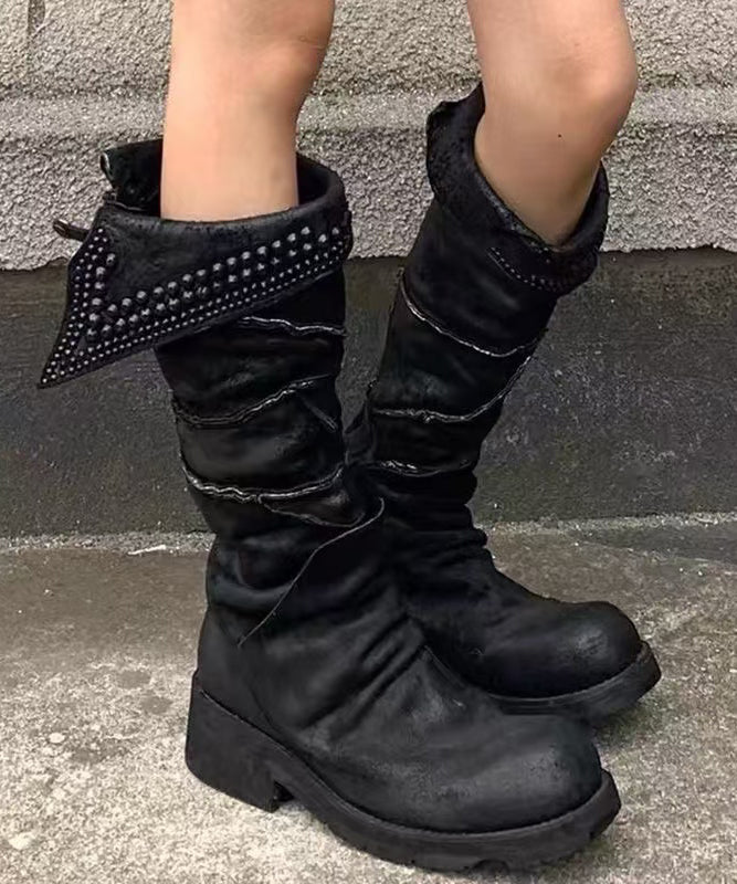 Stylish Rivet Splicing Chunky Boots Black Suede