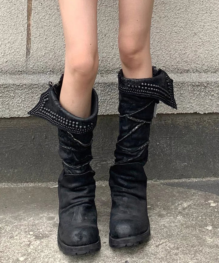 Stylish Rivet Splicing Chunky Boots Black Suede