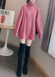 Stylish Rose Hign Neck Patchwork Thick Knit Sweater Dress Winter