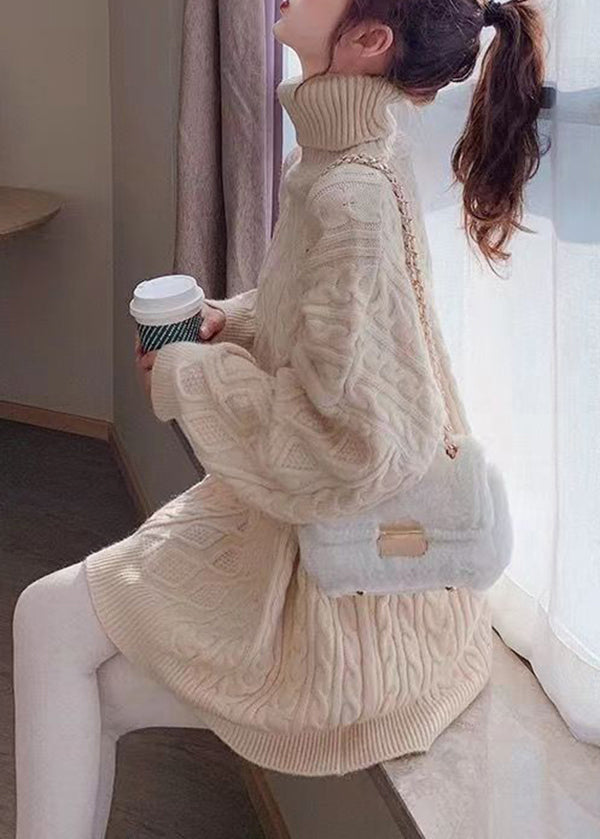 Stylish Rose Hign Neck Patchwork Thick Knit Sweater Dress Winter