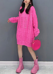 Stylish Rose O Neck Zircon Patchwork Knit Sweaters Dress Fall