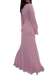Stylish Rose Ruffled Patchwork Chiffon Dresses Flare Sleeve