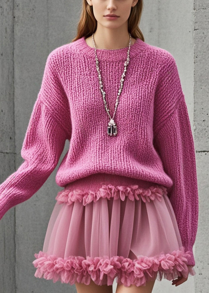 Stylish Rose Ruffled Patchwork Tulle Knit Sweater Dress Fall