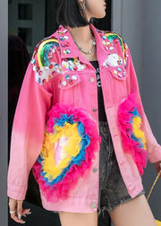 Stylish Rose Ruffled Zircon Sequins Patchwork Denim Coat Spring