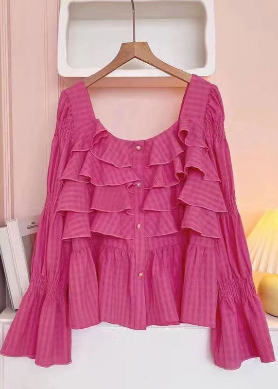 Stylish Rose Slash Neck Ruffled Patchwork Cotton Tops Flare Sleeve