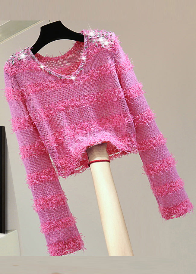 Stylish Rose V Neck Sequins Zircon Tassel Knit Sweater Spring