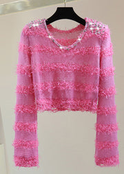 Stylish Rose V Neck Sequins Zircon Tassel Knit Sweater Spring