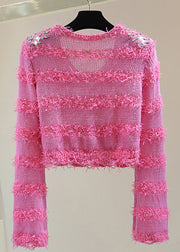 Stylish Rose V Neck Sequins Zircon Tassel Knit Sweater Spring