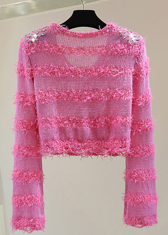 Stylish Rose V Neck Sequins Zircon Tassel Knit Sweater Spring