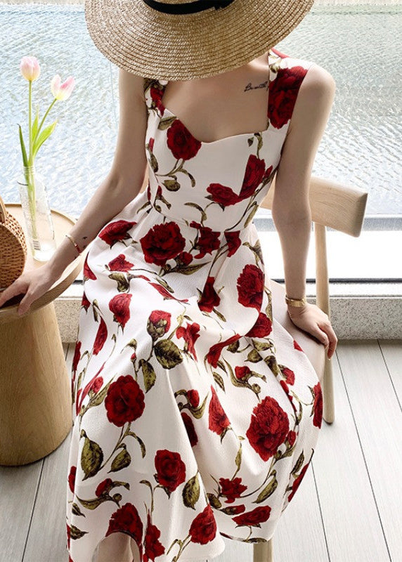 Stylish Roses Print High Waist Cotton Spaghetti Strap Dress Sleeveless