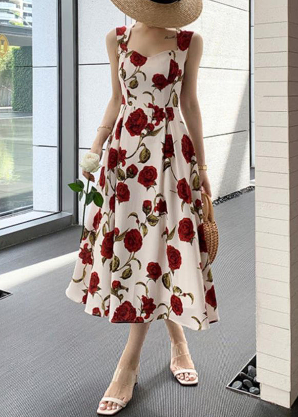 Stylish Roses Print High Waist Cotton Spaghetti Strap Dress Sleeveless