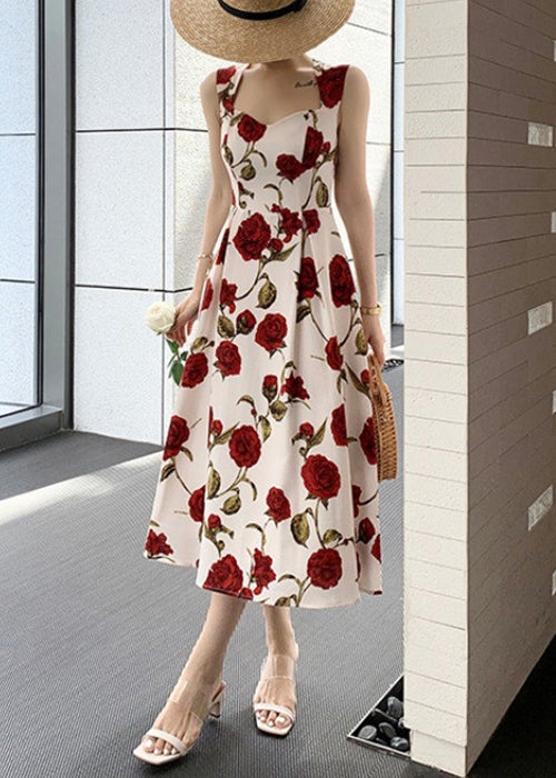 Stylish Roses Print High Waist Cotton Spaghetti Strap Dress Sleeveless