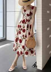 Stylish Roses Print High Waist Cotton Spaghetti Strap Dress Sleeveless