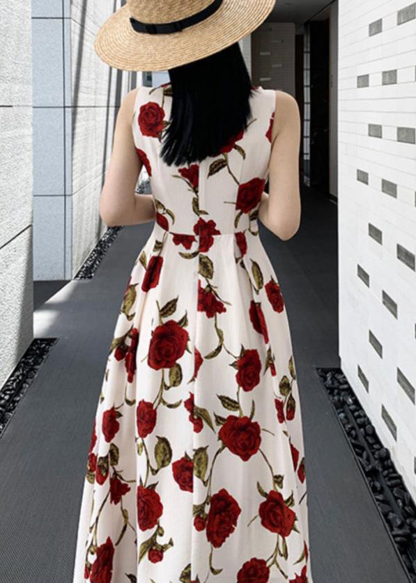 Stylish Roses Print High Waist Cotton Spaghetti Strap Dress Sleeveless