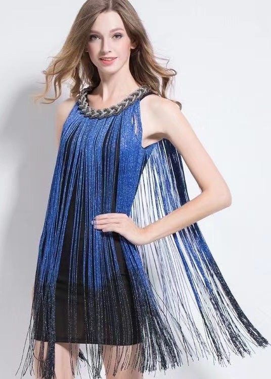 Stylish Sexy Slim Fit Blue Tasseled Cotton Dress Sleeveless